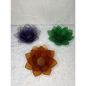 Lot 3 Rare Capiz Shell Green Orange Purple Lotus Flower Tea Light Candle Holder